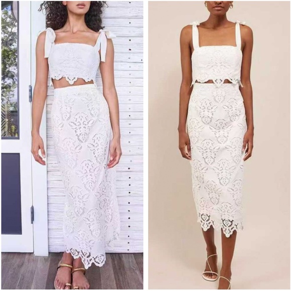 BEST Cara Cara Shilo Cropped Top & Sienna Midi Skirt Set White Scroll Lace XSmal